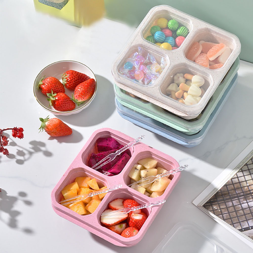 Food Storage With Compartments - 1개 재사용 가능한 밀짚 소재 4칸
