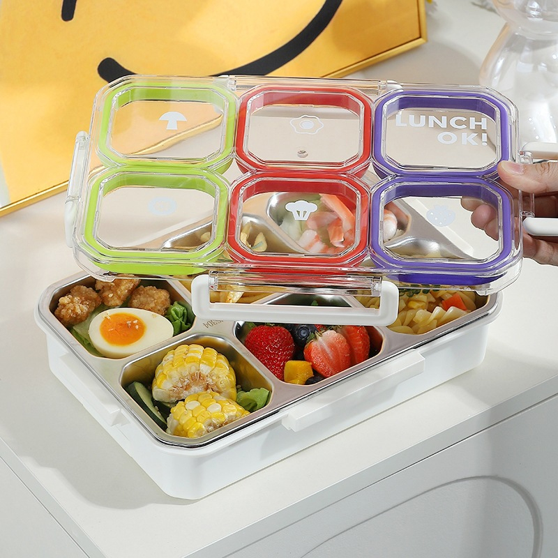 Food Storage With Compartments - 6칸 스테인리스 스틸 도시락통(수저포크 포함) 새지