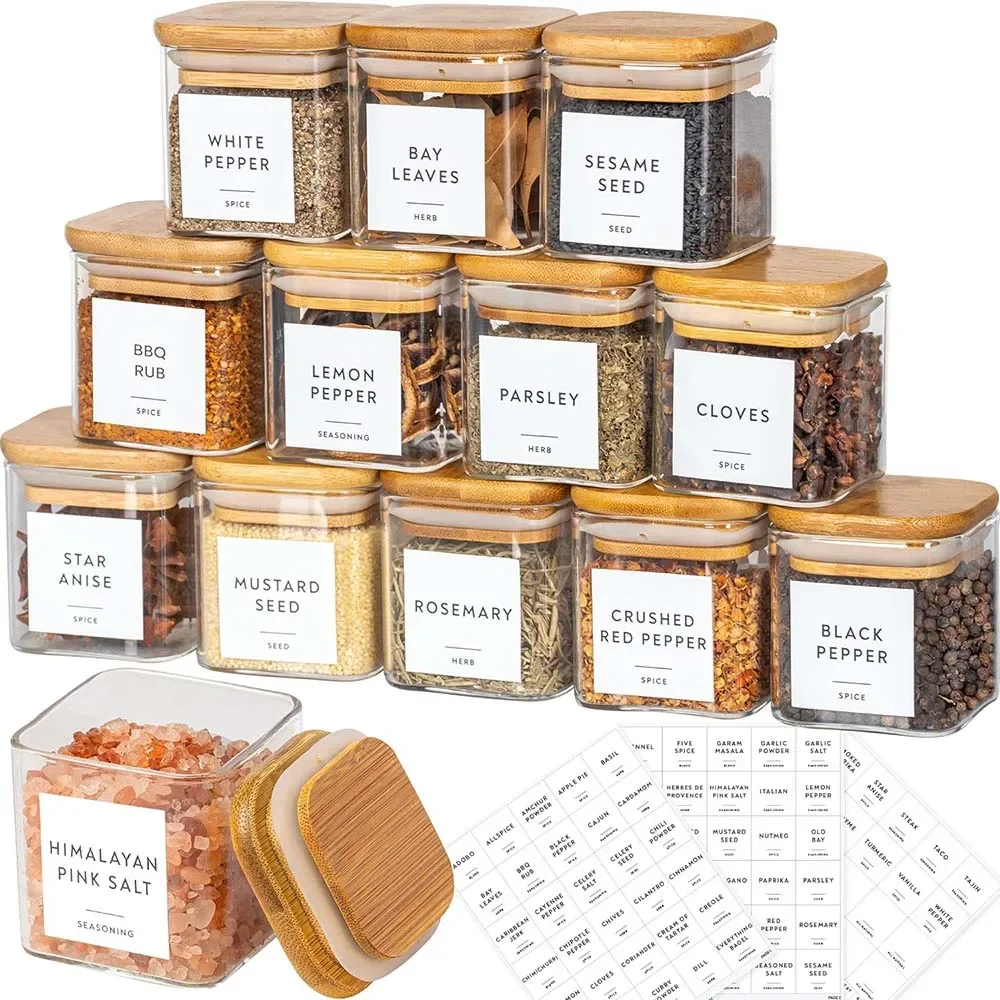 Food Storage Jar Labels - 대나무 뚜껑/스티커 라벨이 부착된 5온스 사각형