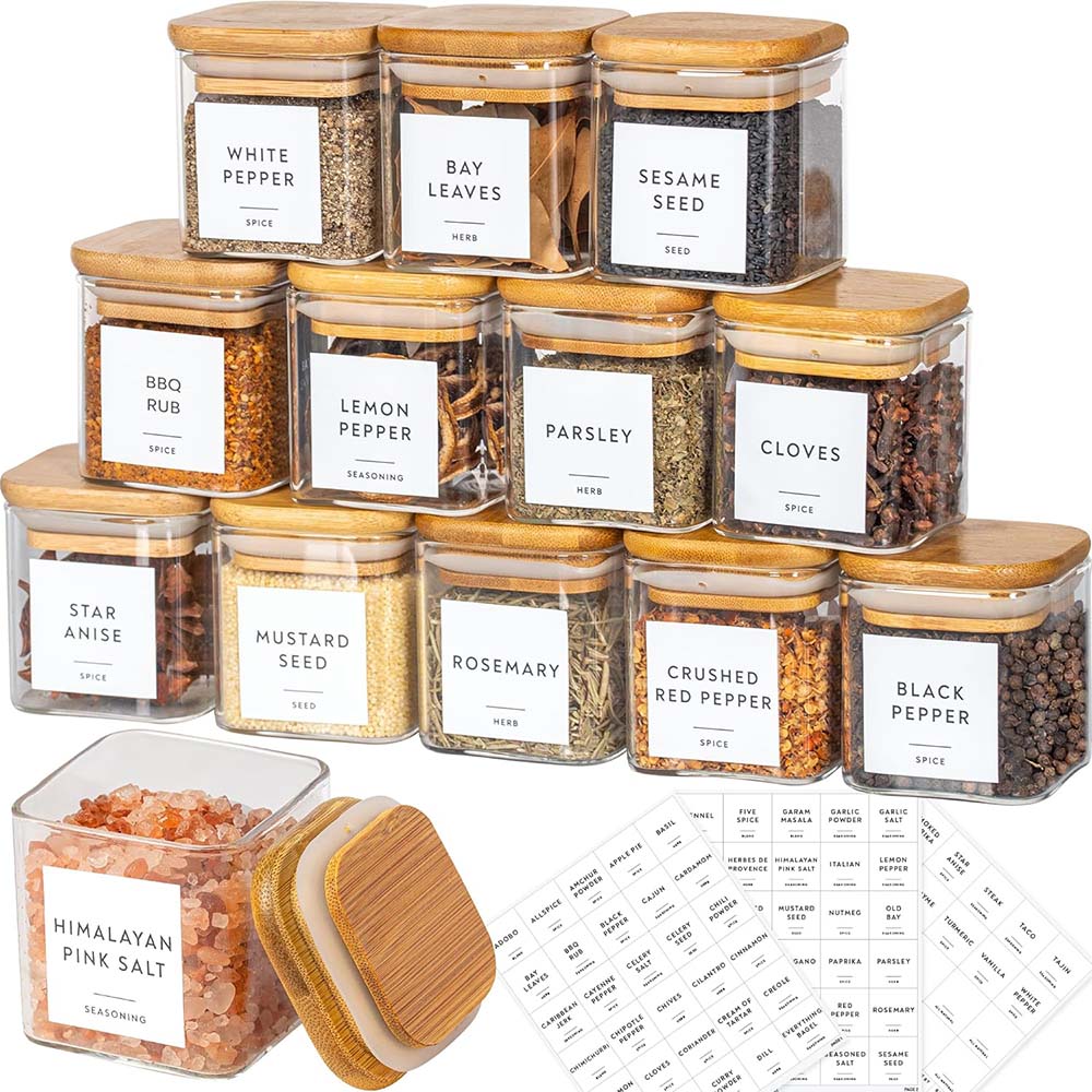 향신료 라벨이 있는 유리 항아리 세트, 대나무 뚜껑이  - Food Storage Set Glass 리뷰 및 가격