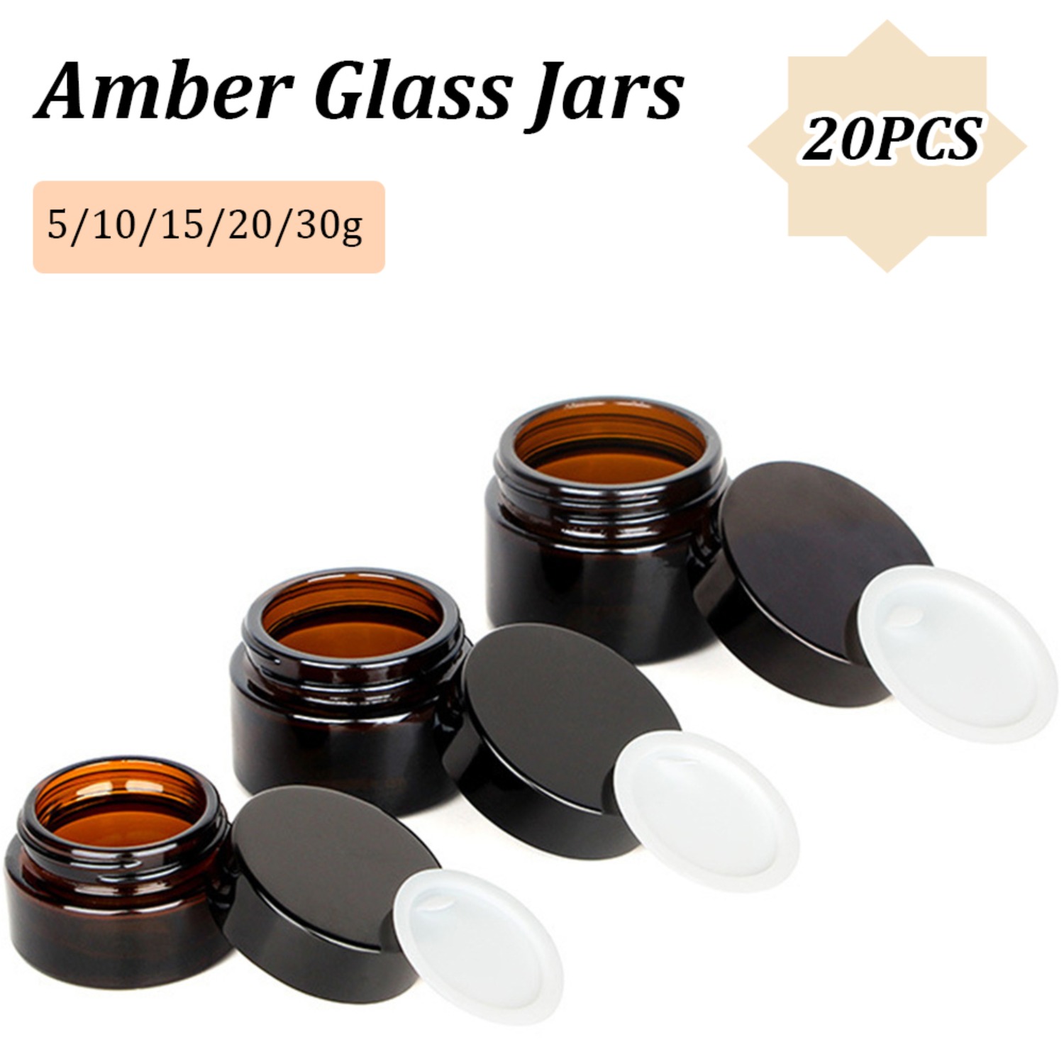 20PCS 검은 뚜껑이있는 작은 앰버 유리 항아리 크림 - Food Storage Set Glass 리뷰 및 가격